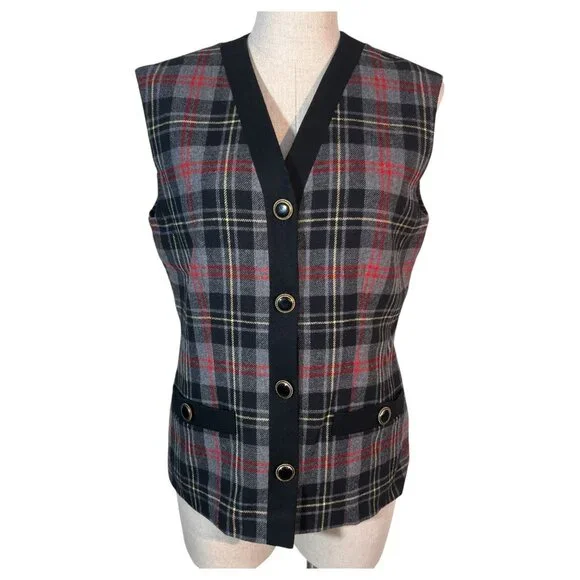 Vintage Pendleton Womens Tartan Gray Plaid Wool Vest Black Belvet Trim Size 6 - Picture 1 of 9